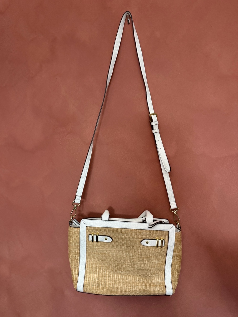 Liz Claiborne Woven Purse Tote Crossbody Tan White